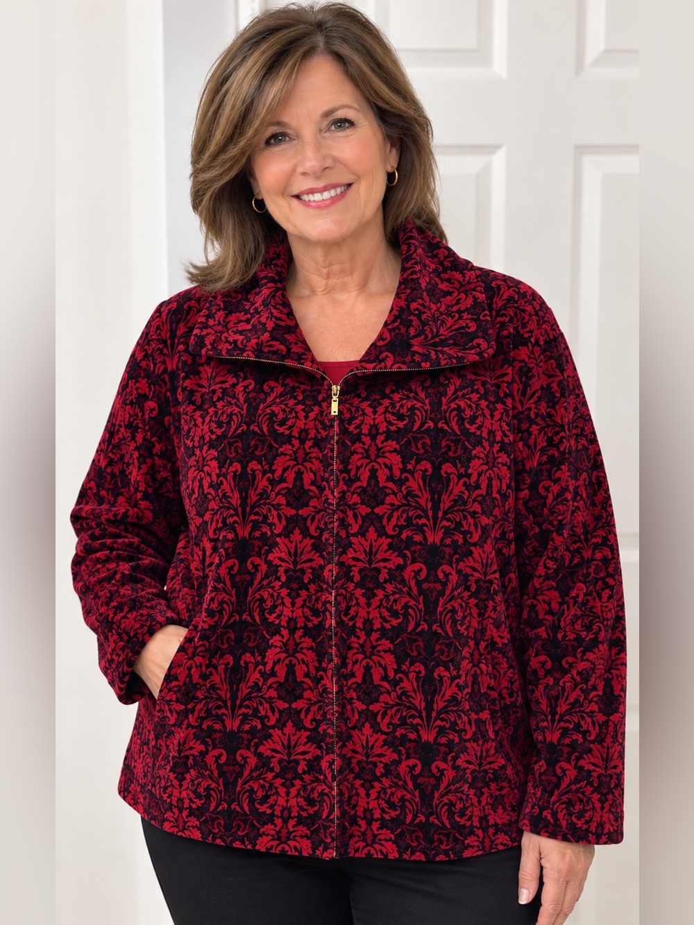 Charter Club 2X Red Black Damask Velour Zip Jacket Baroque EUC